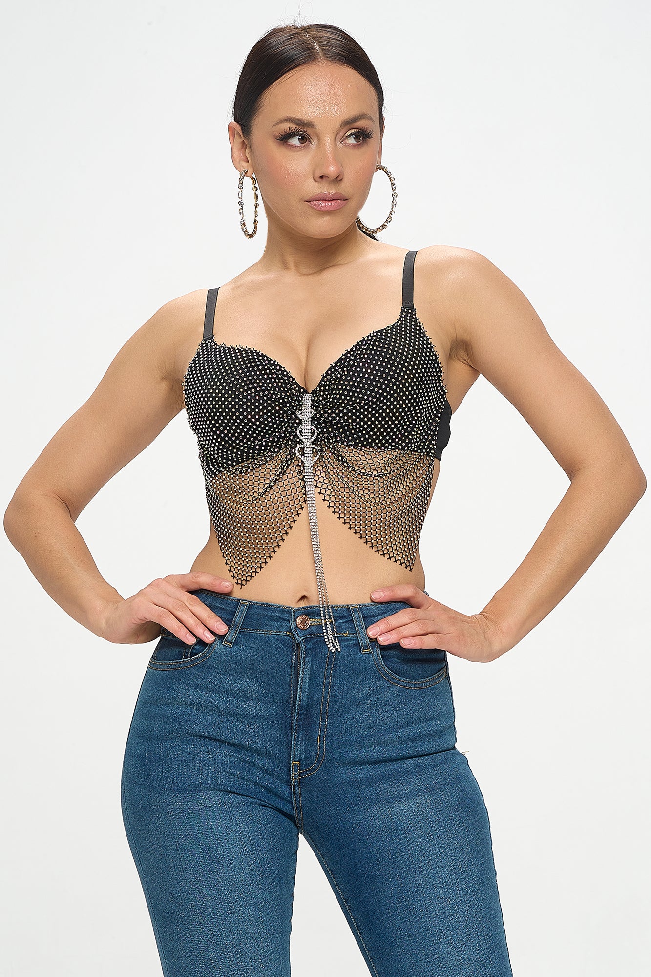 RHINESTONE FISHNET CHAIN HEART PENDANT TASSEL BRA