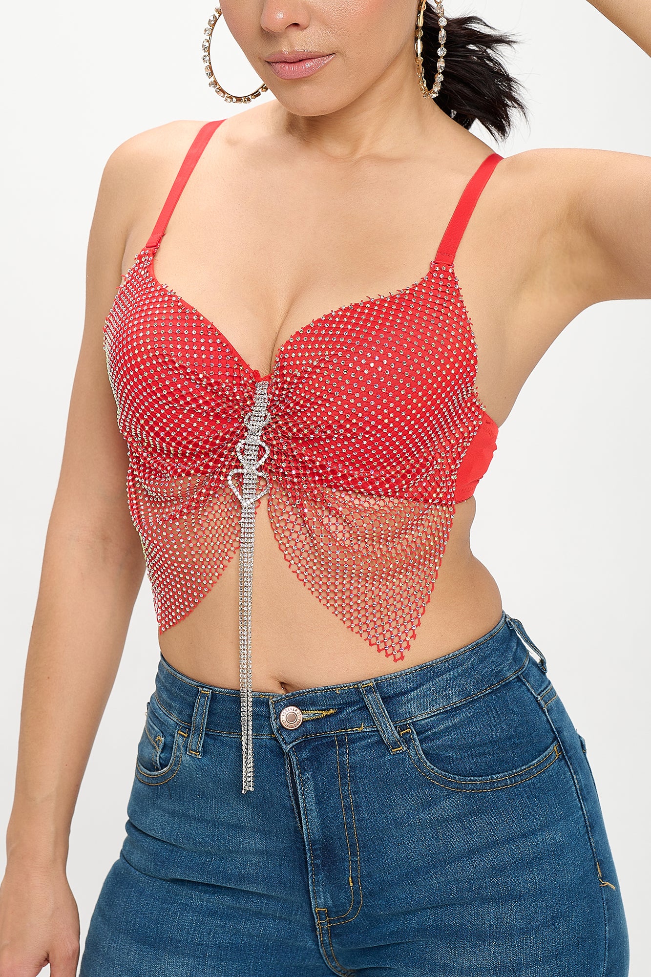 RHINESTONE FISHNET CHAIN HEART PENDANT TASSEL BRA