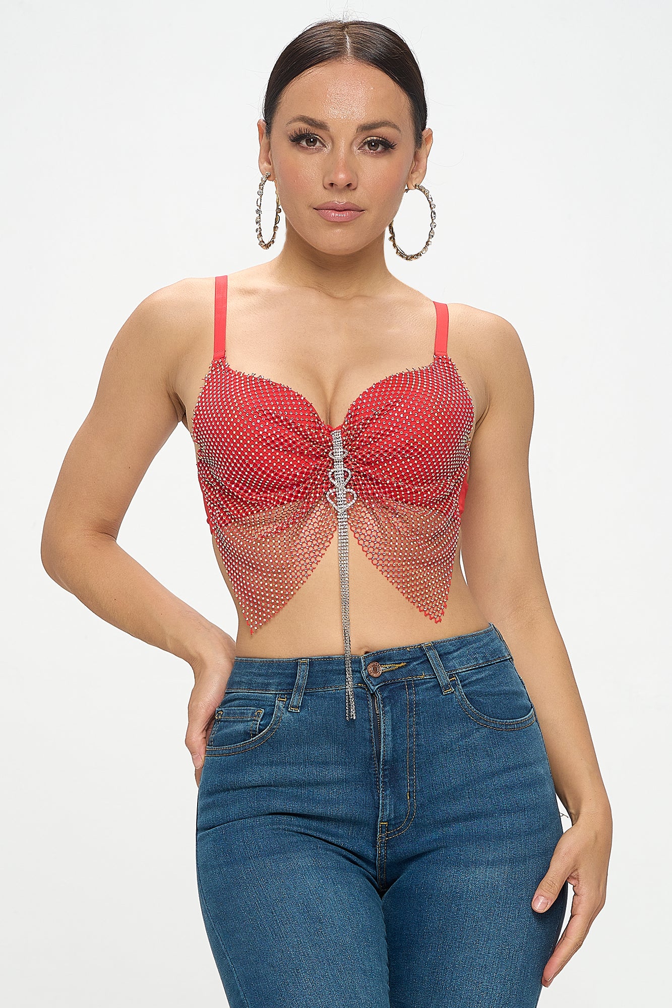 RHINESTONE FISHNET CHAIN HEART PENDANT TASSEL BRA