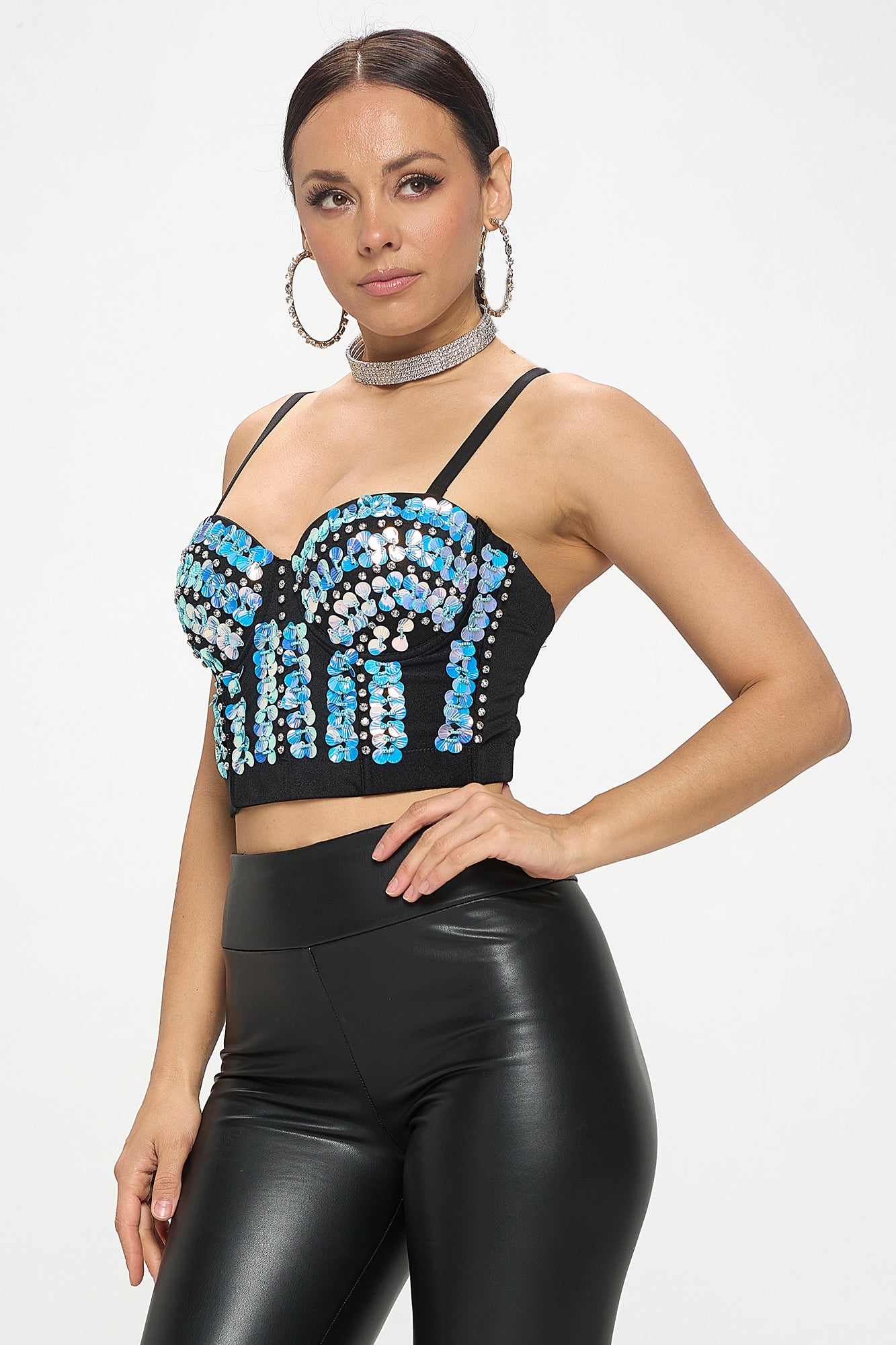 RHINESTONE SCALLOP SEQUIN BUSTIER CROP TOP_D7222