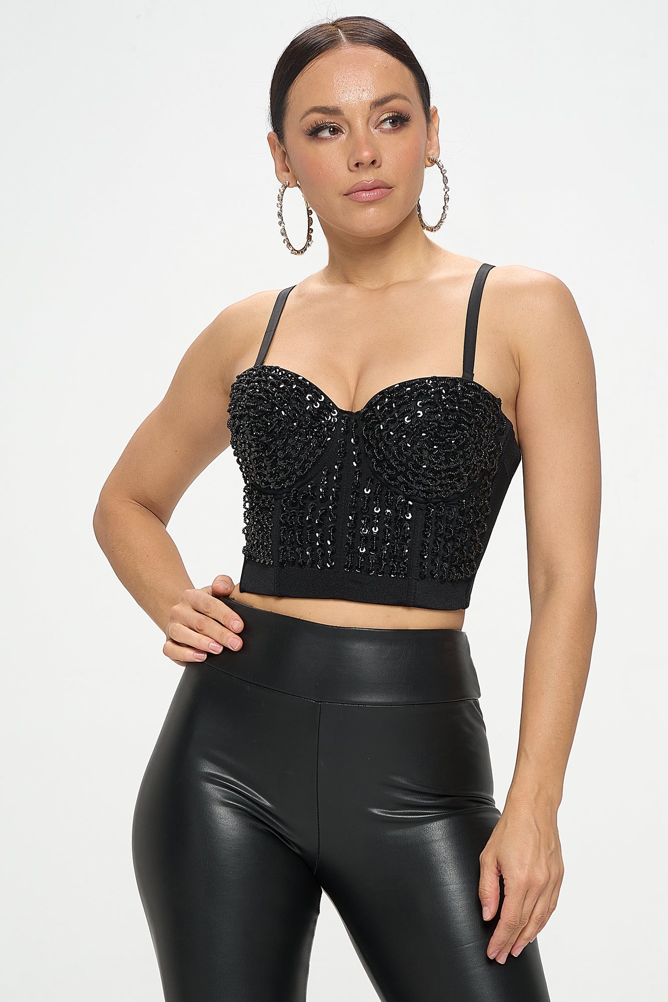 METALLIC SEQUIN EMBELLISHED BUSTIER CROP TOP