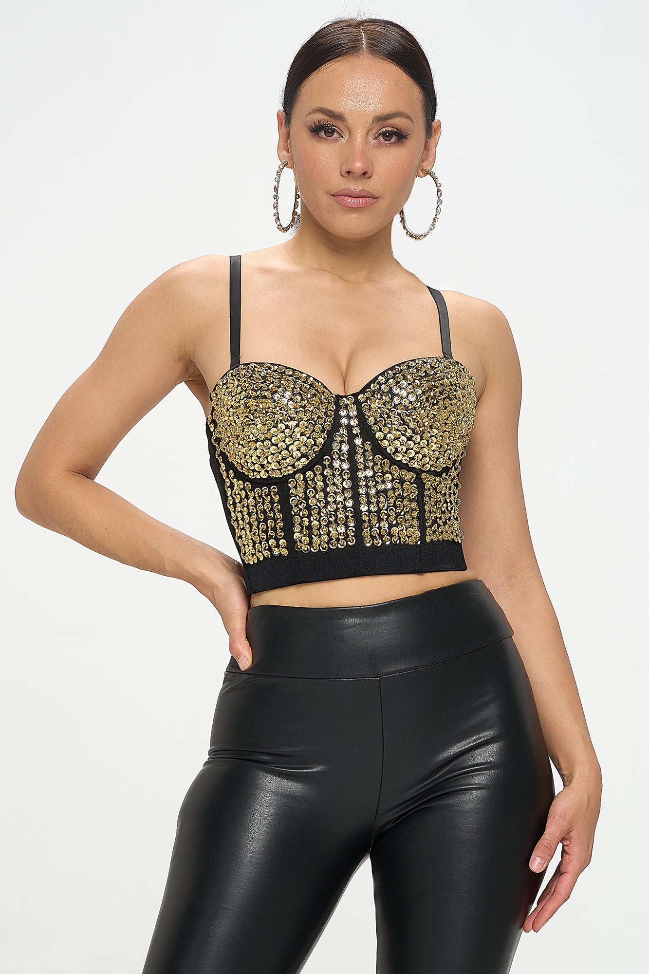 METALLIC SEQUIN EMBELLISHED BUSTIER CROP TOP_D7225