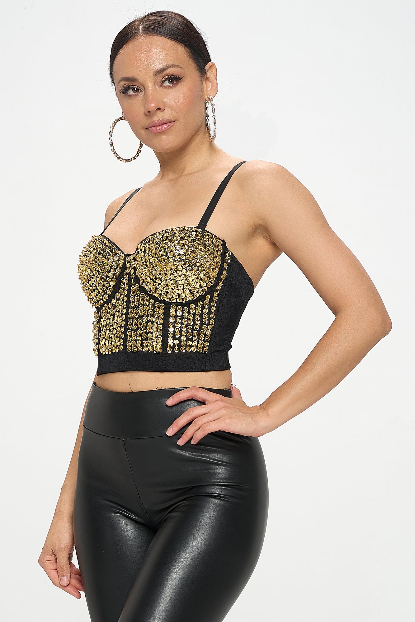 METALLIC SEQUIN EMBELLISHED BUSTIER CROP TOP