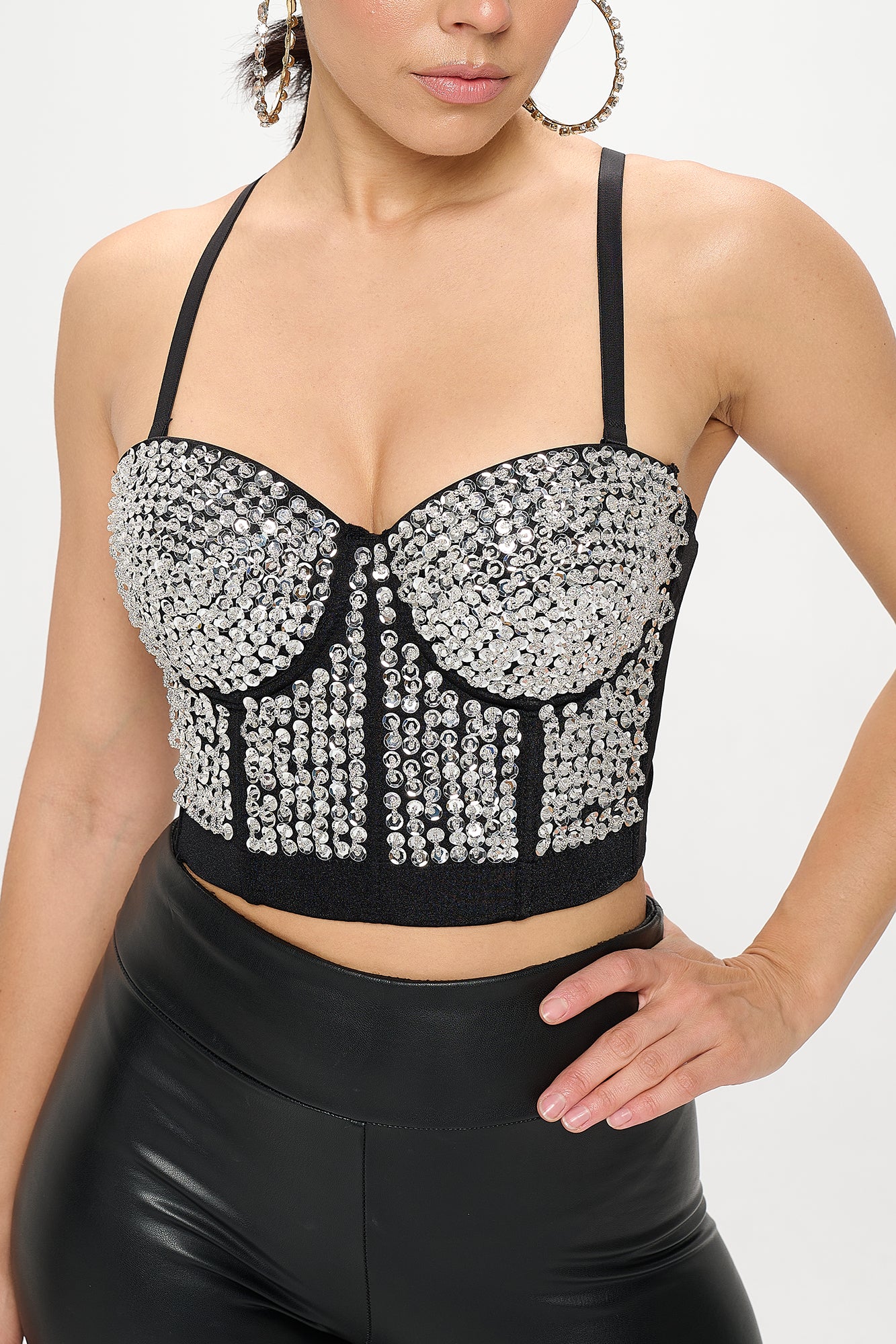 METALLIC SEQUIN EMBELLISHED BUSTIER CROP TOP_D7225