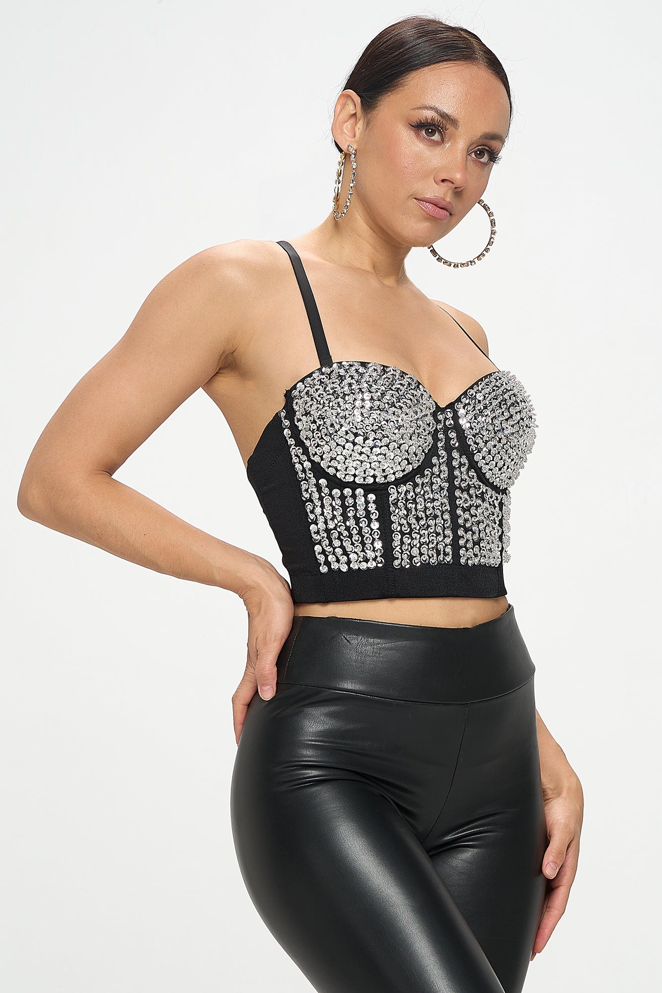 METALLIC SEQUIN EMBELLISHED BUSTIER CROP TOP_D7225