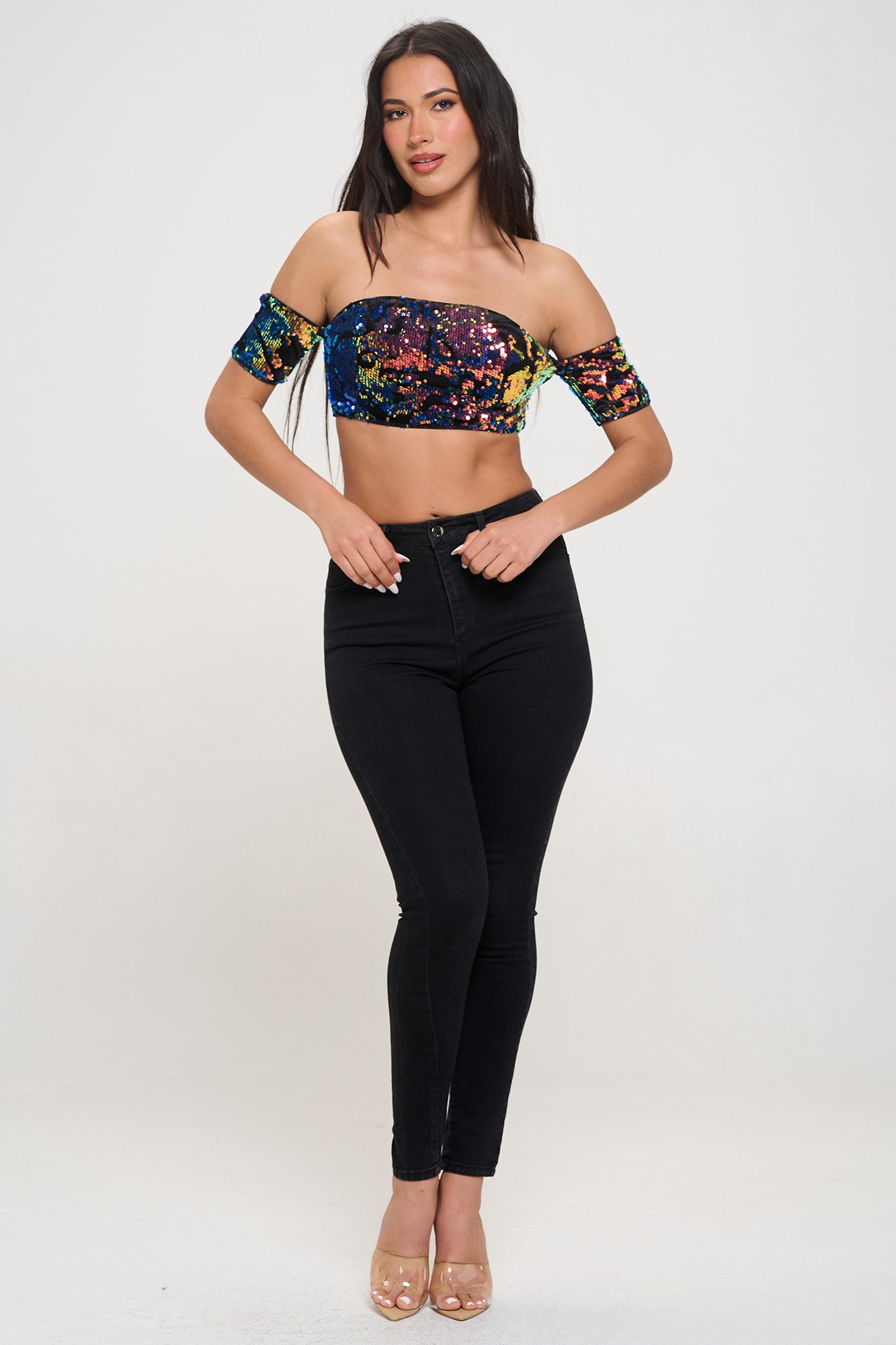 SEQUIN VELVET COLD SHOULDER BANDEAU CROP TOP