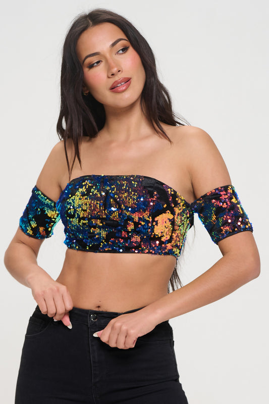 SEQUIN VELVET COLD SHOULDER BANDEAU CROP TOP