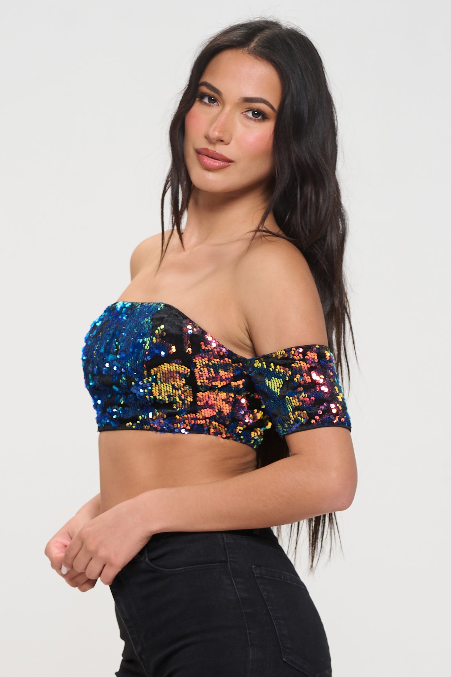 SEQUIN VELVET COLD SHOULDER BANDEAU CROP TOP