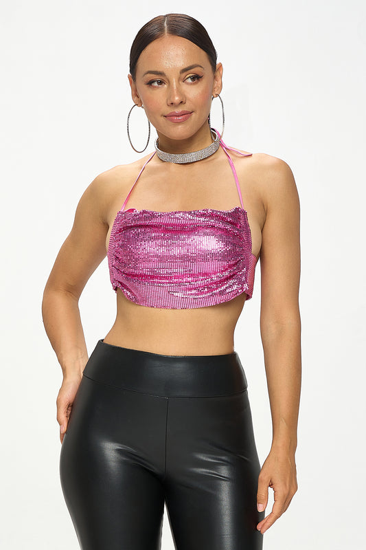 METALLIC SEQUIN CHAINMAIL HALTER BRALETTE TOP