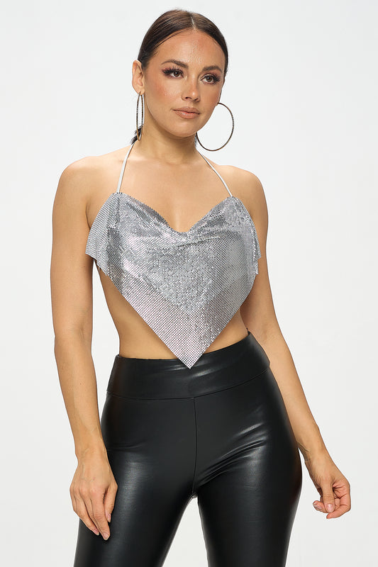 METAL CHAINMAIL BACKLESS COWL NECK HALTER TOP