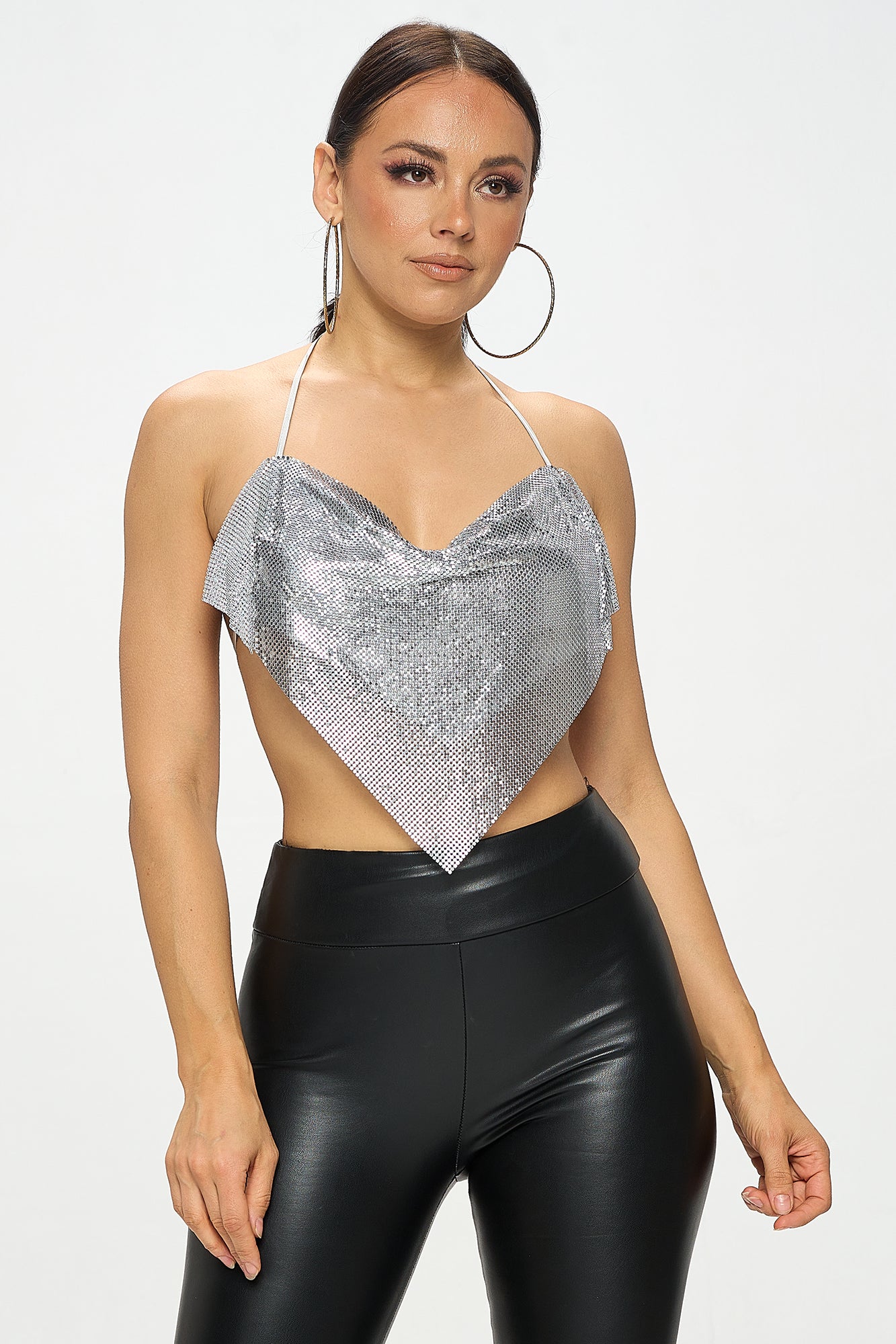 Hallie Gold Cowl Neck Backless Diamante Chainmail Halter Top
