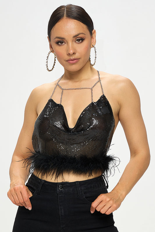 CHAINMAIL FEATHER TRIM HALTER CROP TOP