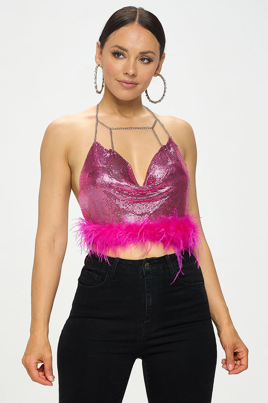 CHAINMAIL FEATHER TRIM HALTER CROP TOP