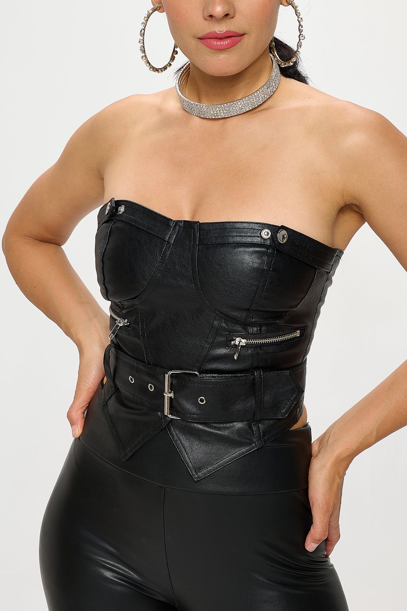 BLACK FAUX LEATHER BUCKLE ACCENT TUBE TOP