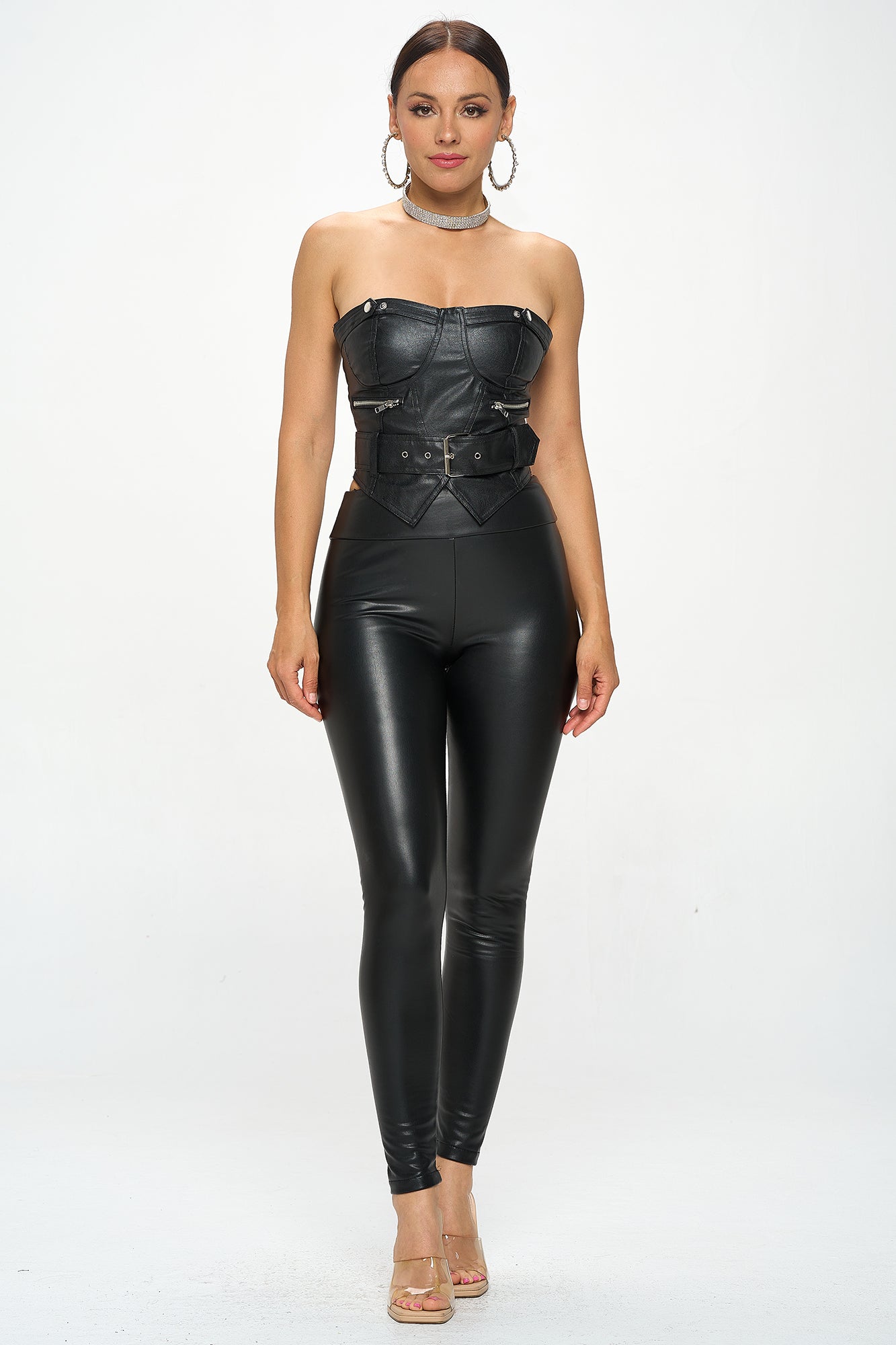 BLACK FAUX LEATHER BUCKLE ACCENT TUBE TOP