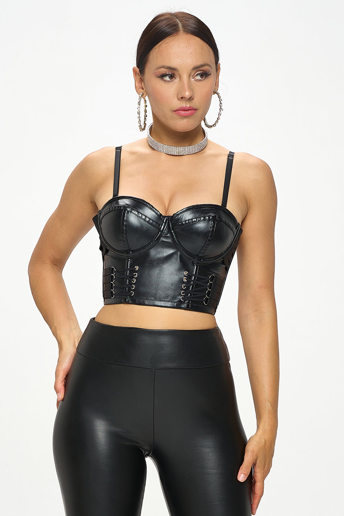 BLACK FAUX LEATHER LACE UP BUSTIER CORSET TOP