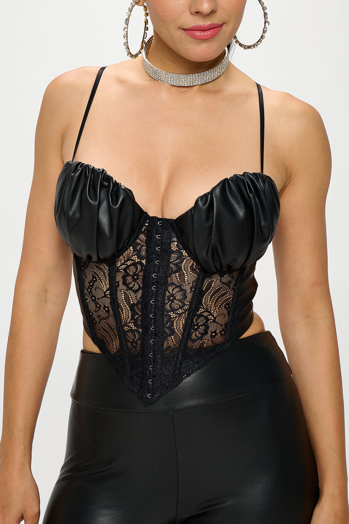 FAUX LEATHER LACE PANEL CORSET TOP