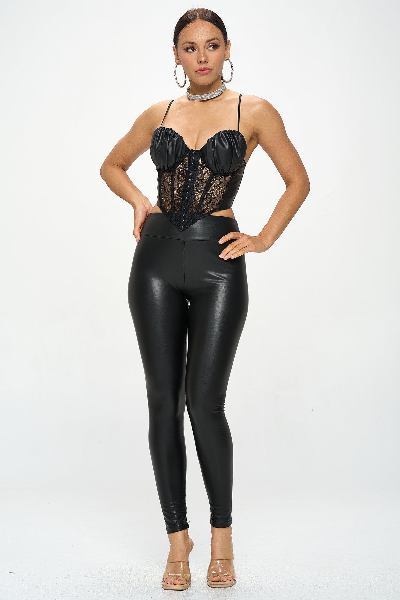 FAUX LEATHER LACE PANEL CORSET TOP