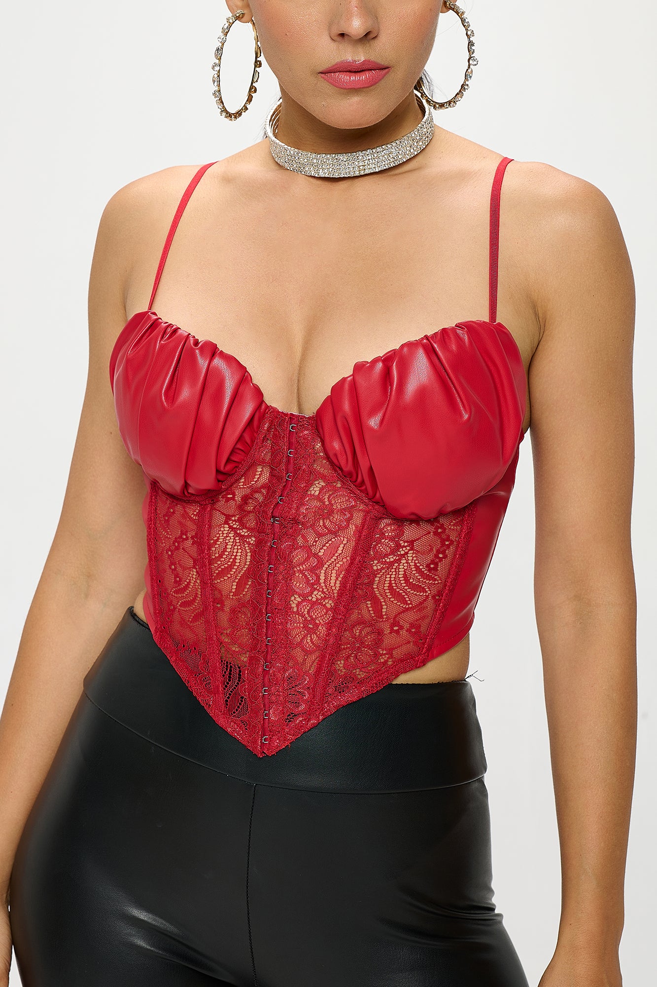 FAUX LEATHER LACE PANEL CORSET TOP