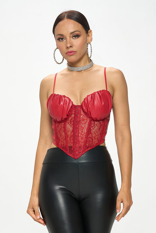 FAUX LEATHER LACE PANEL CORSET TOP