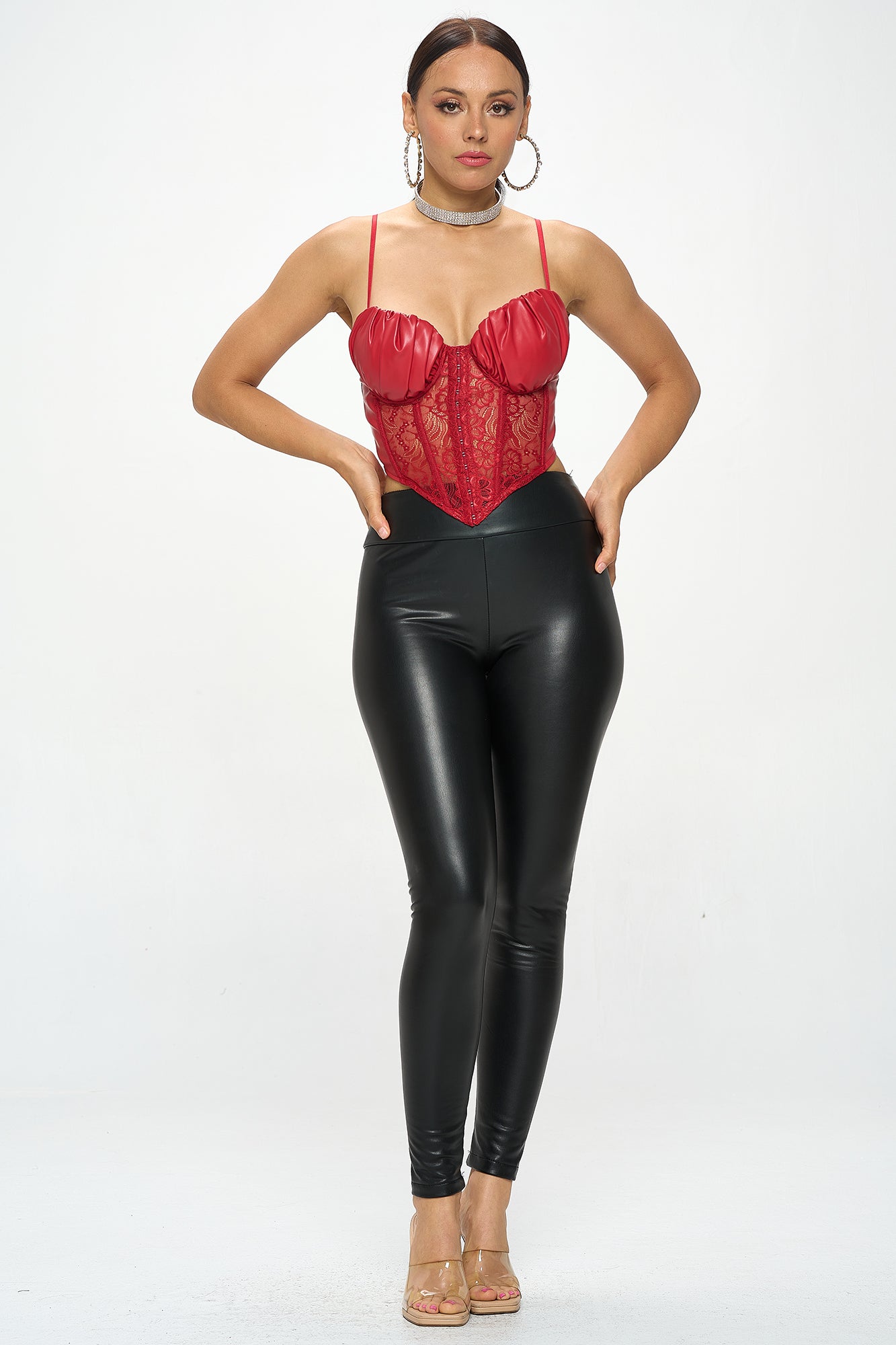 FAUX LEATHER LACE PANEL CORSET TOP