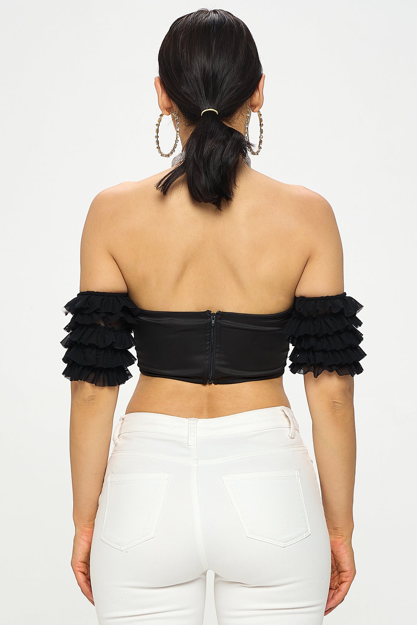 SATIN DEEP V-NECK OFF SHOULDER RUFFLED CROP TOP