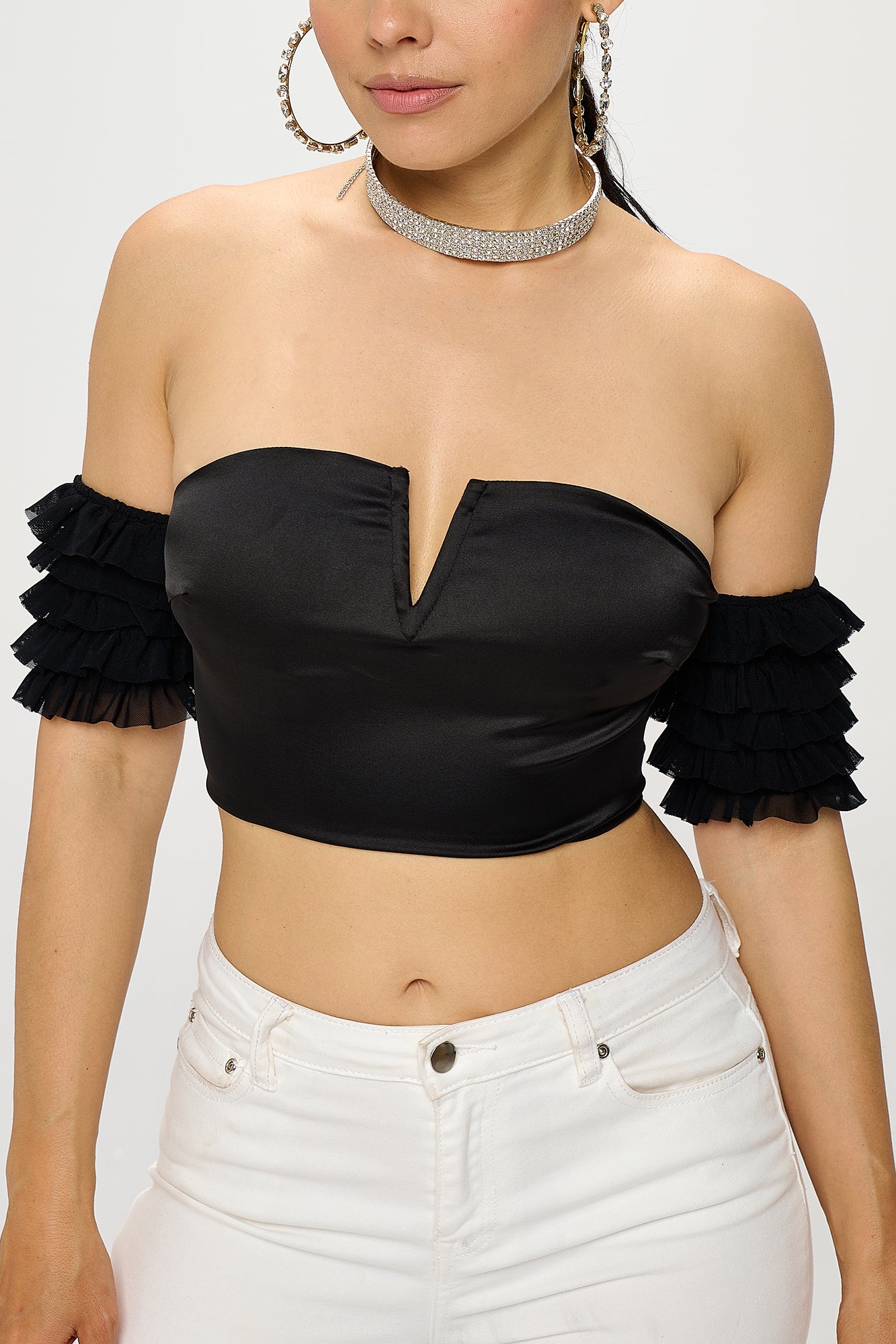 SATIN DEEP V-NECK OFF SHOULDER RUFFLED CROP TOP