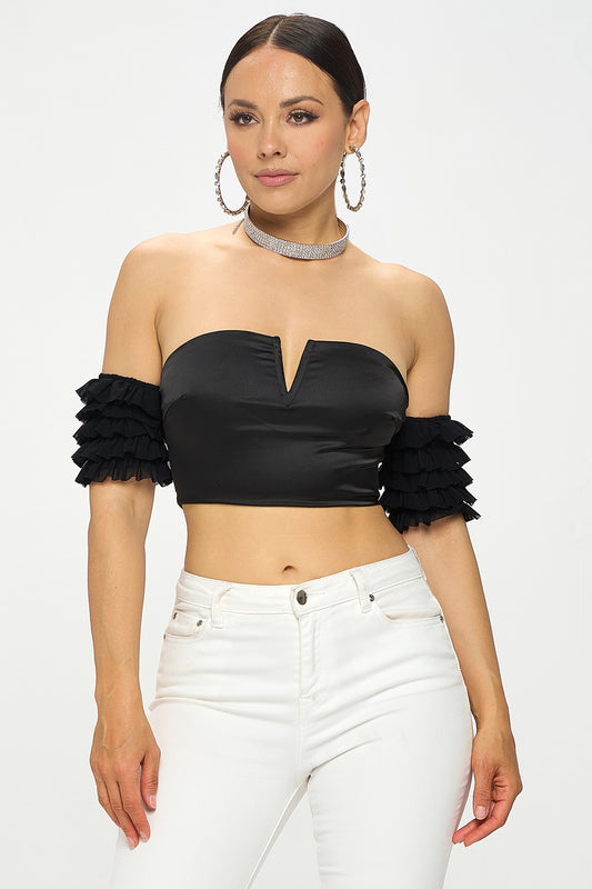 SATIN DEEP V-NECK OFF SHOULDER RUFFLED CROP TOP