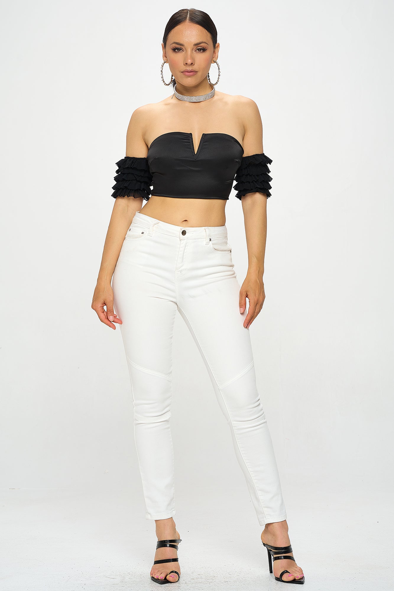 SATIN DEEP V-NECK OFF SHOULDER RUFFLED CROP TOP