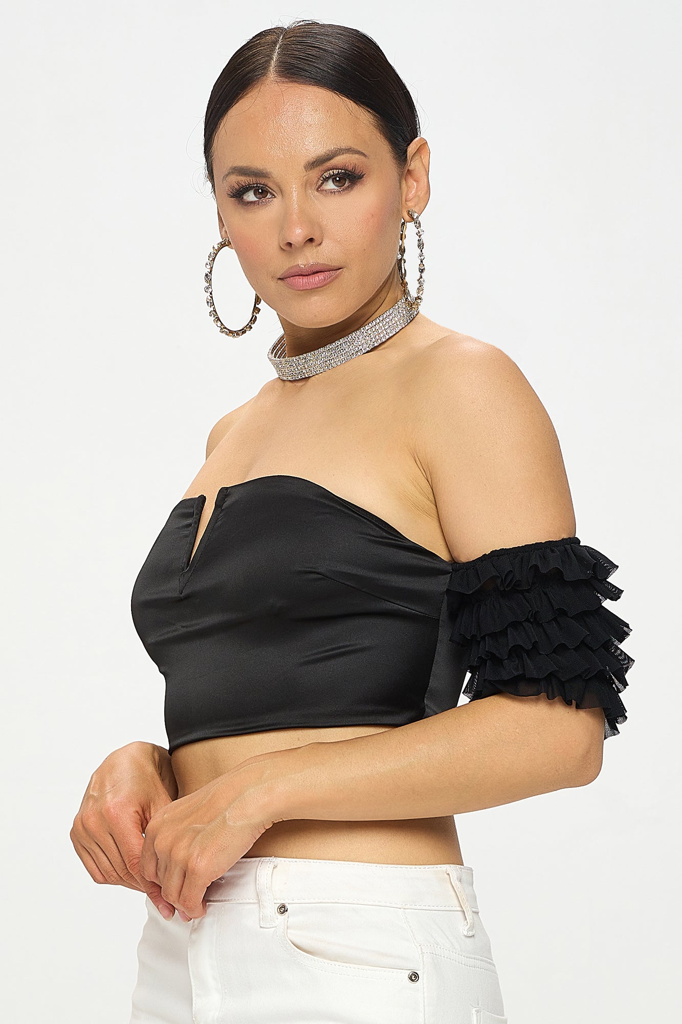 SATIN DEEP V-NECK OFF SHOULDER RUFFLED CROP TOP