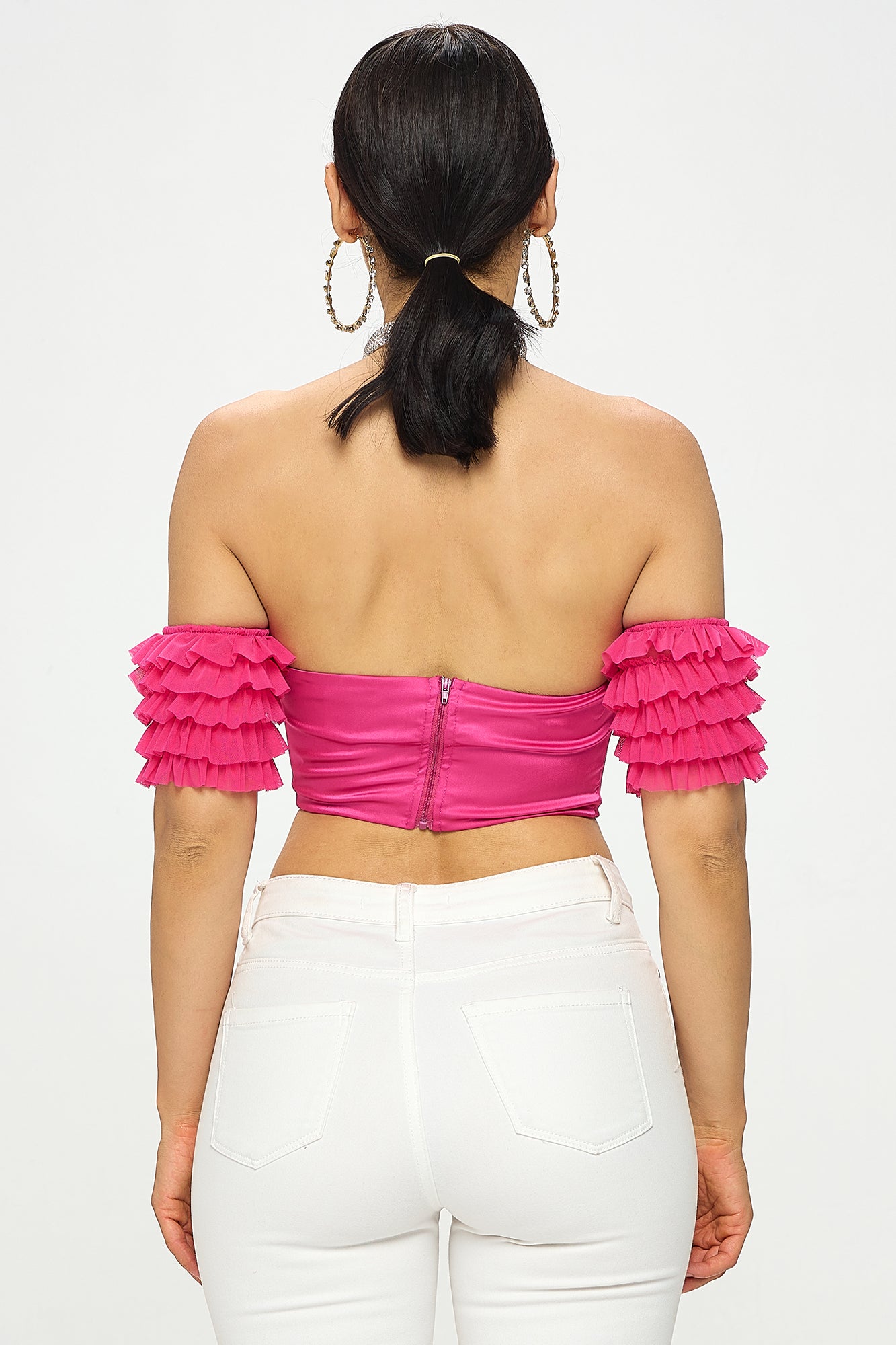 SATIN DEEP V-NECK OFF SHOULDER RUFFLED CROP TOP