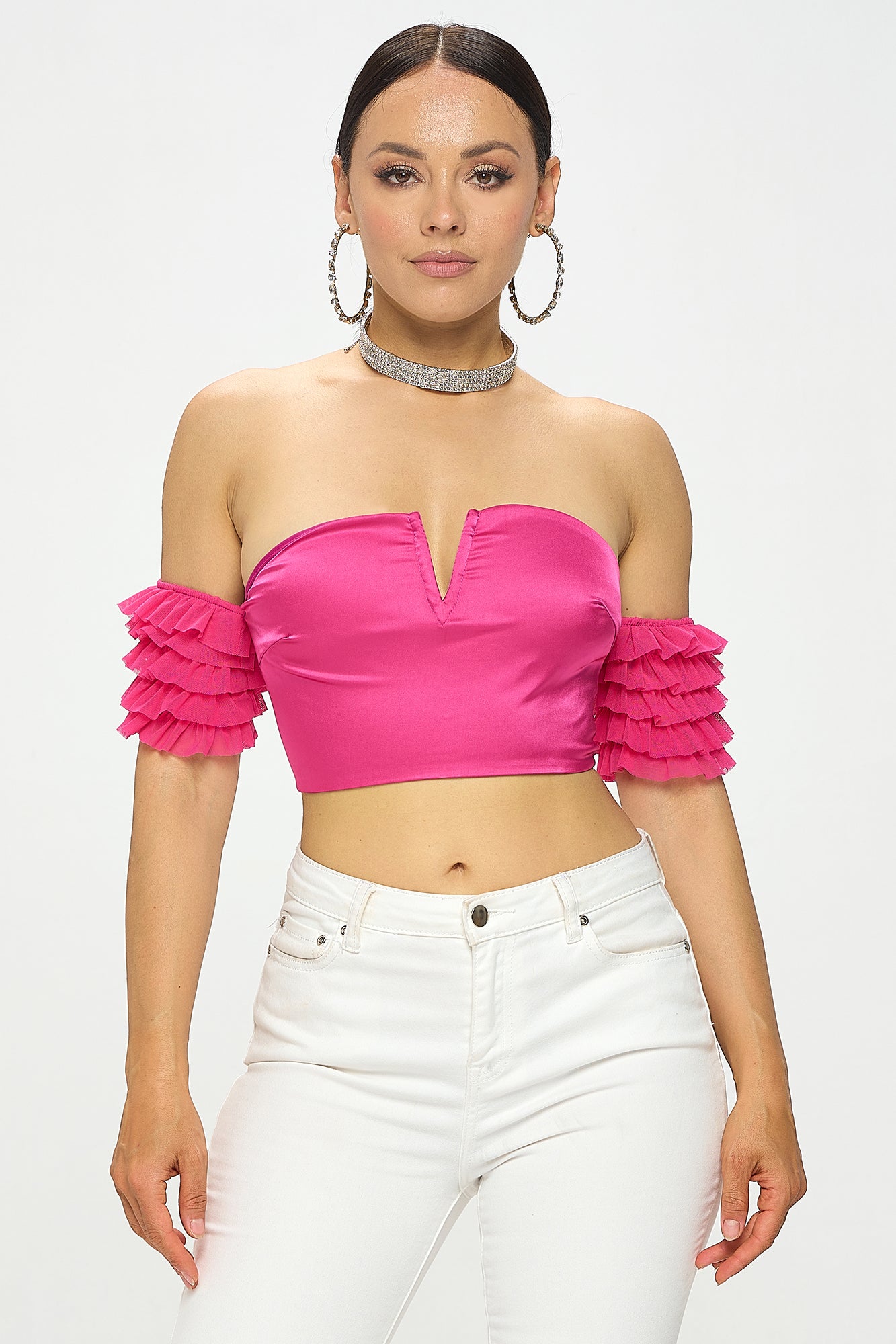 SATIN DEEP V-NECK OFF SHOULDER RUFFLED CROP TOP