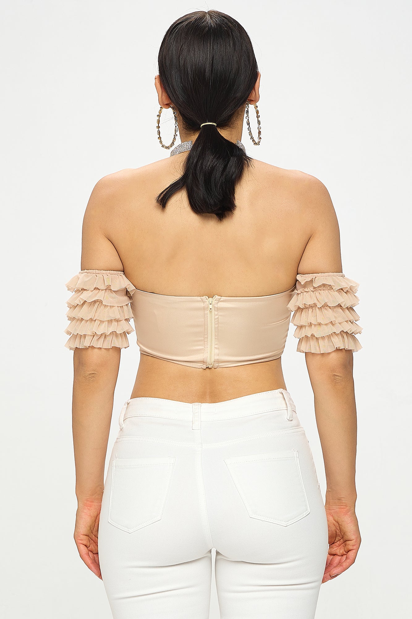 SATIN DEEP V-NECK OFF SHOULDER RUFFLED CROP TOP