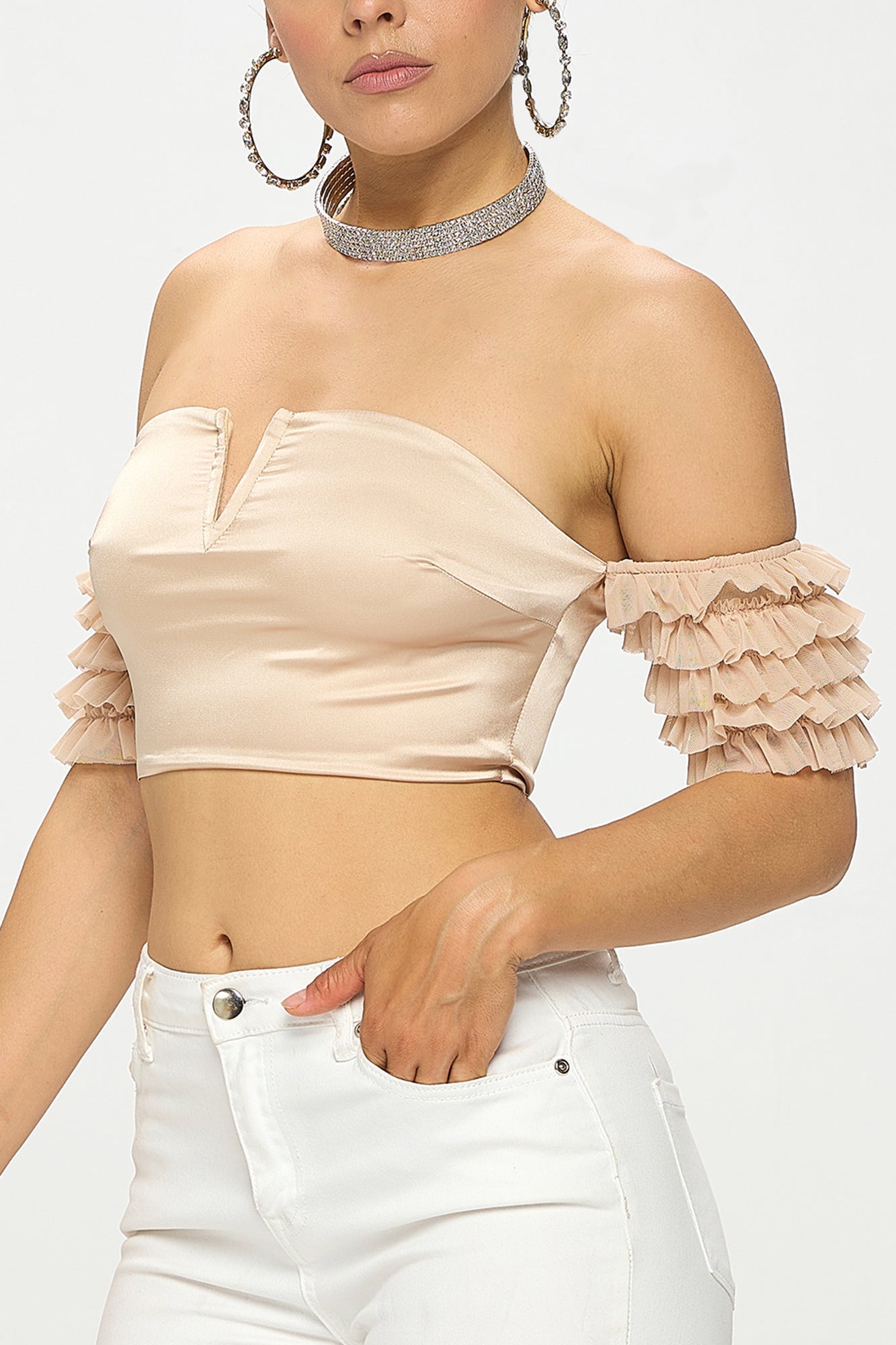 SATIN DEEP V-NECK OFF SHOULDER RUFFLED CROP TOP