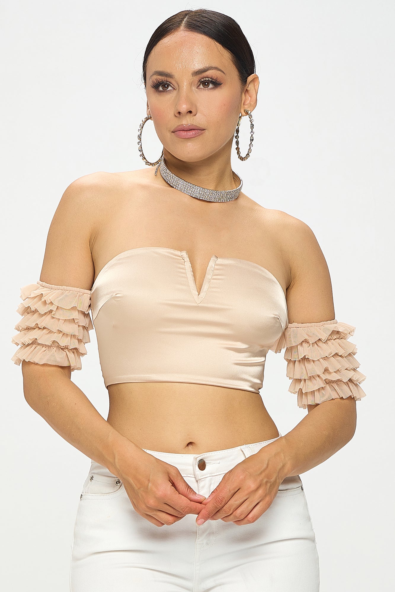 SATIN DEEP V-NECK OFF SHOULDER RUFFLED CROP TOP