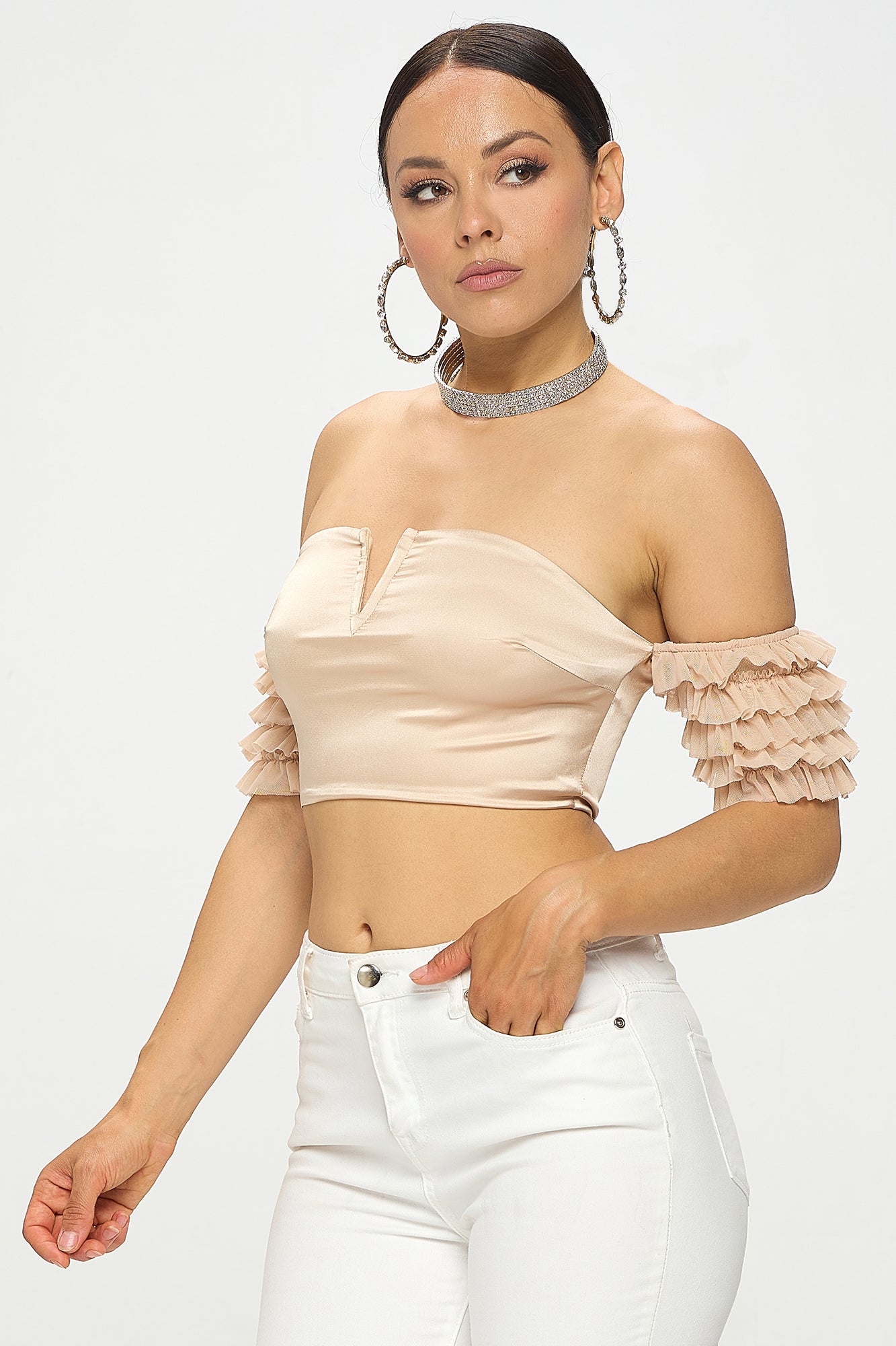 SATIN DEEP V-NECK OFF SHOULDER RUFFLED CROP TOP