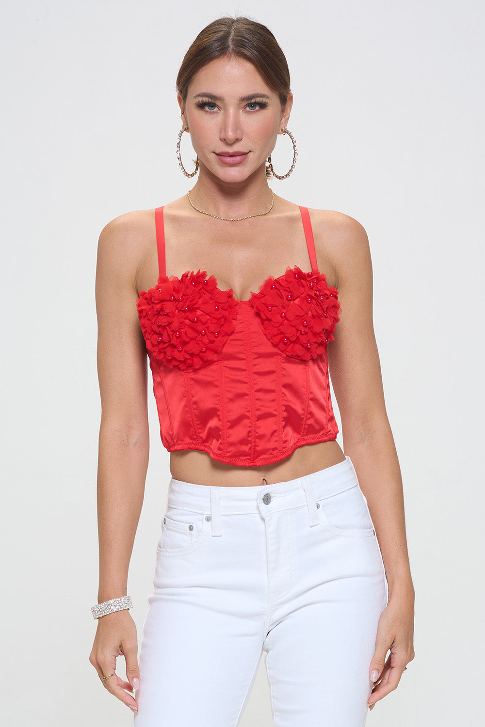 SHEER MESH FLOWER & BEAD TRIM BUSTIER CROP TOP