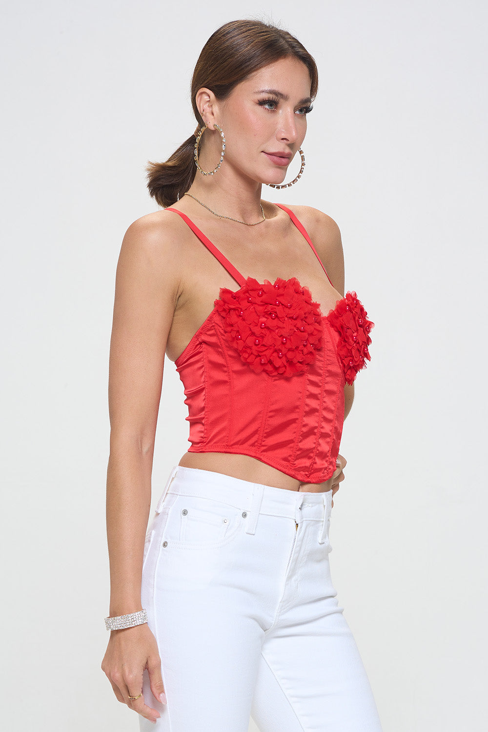 SHEER MESH FLOWER & BEAD TRIM BUSTIER CROP TOP