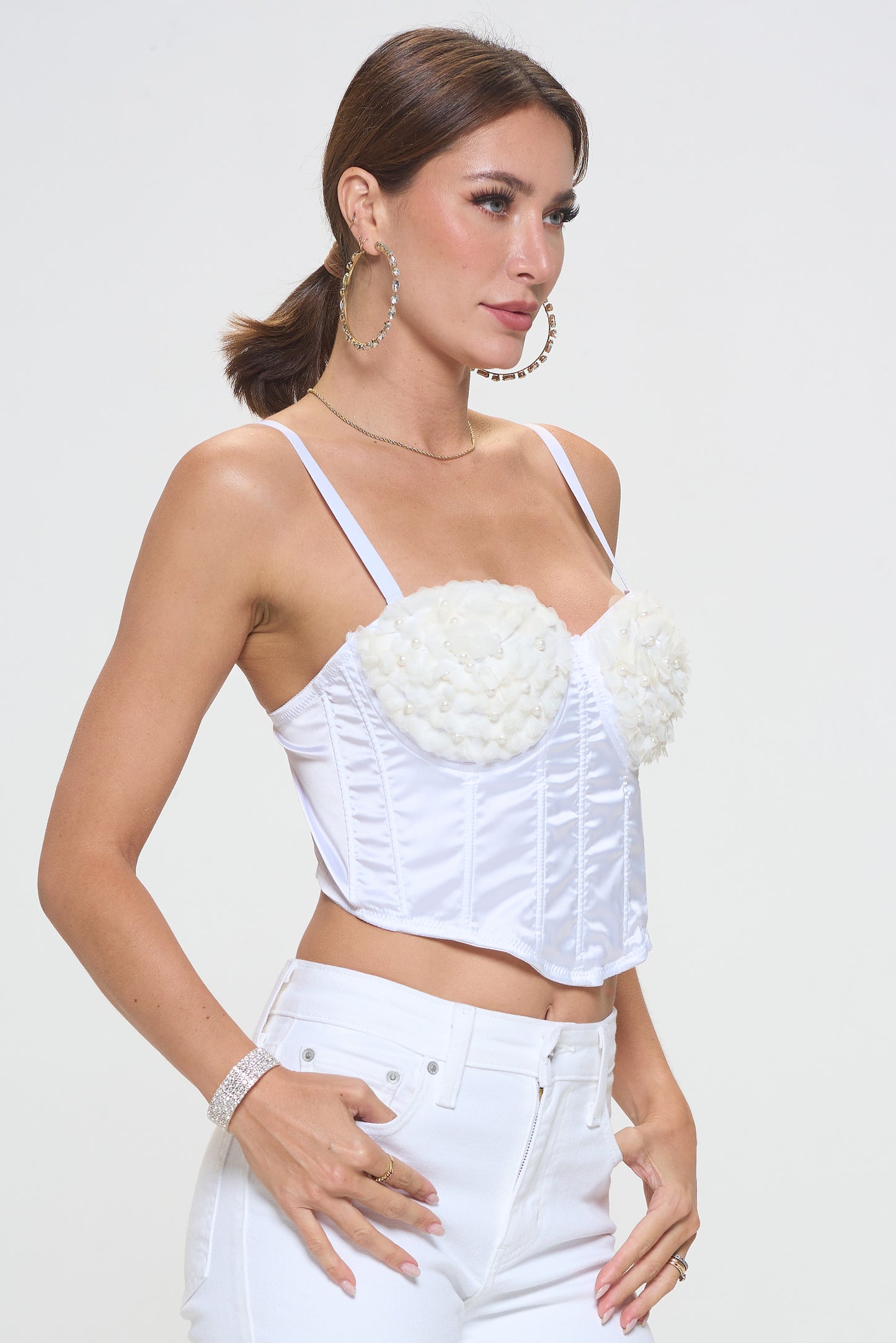 SHEER MESH FLOWER & BEAD TRIM BUSTIER CROP TOP