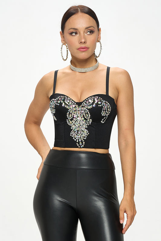 CRYSTAL RHINESTONE EMBELLISHED BUSTIER CROP TOP_ D7249