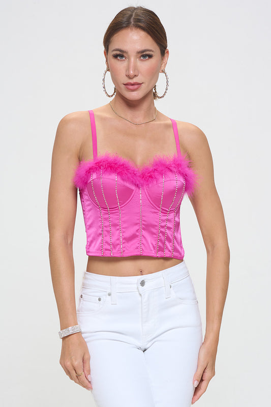 FEATHER TRIM RHINESTONE SEAM PANEL DETAIL BUSTIER CROP TOP_D7250