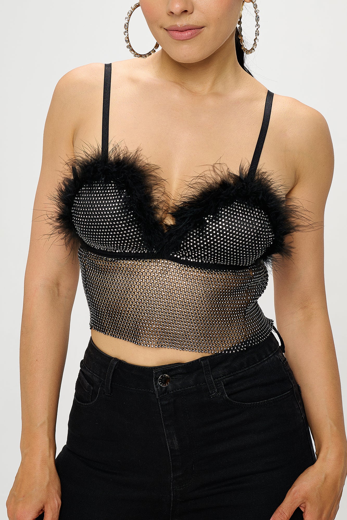 RHINESTONE CHAINMAIL FEATHER TRIM CROP TOP