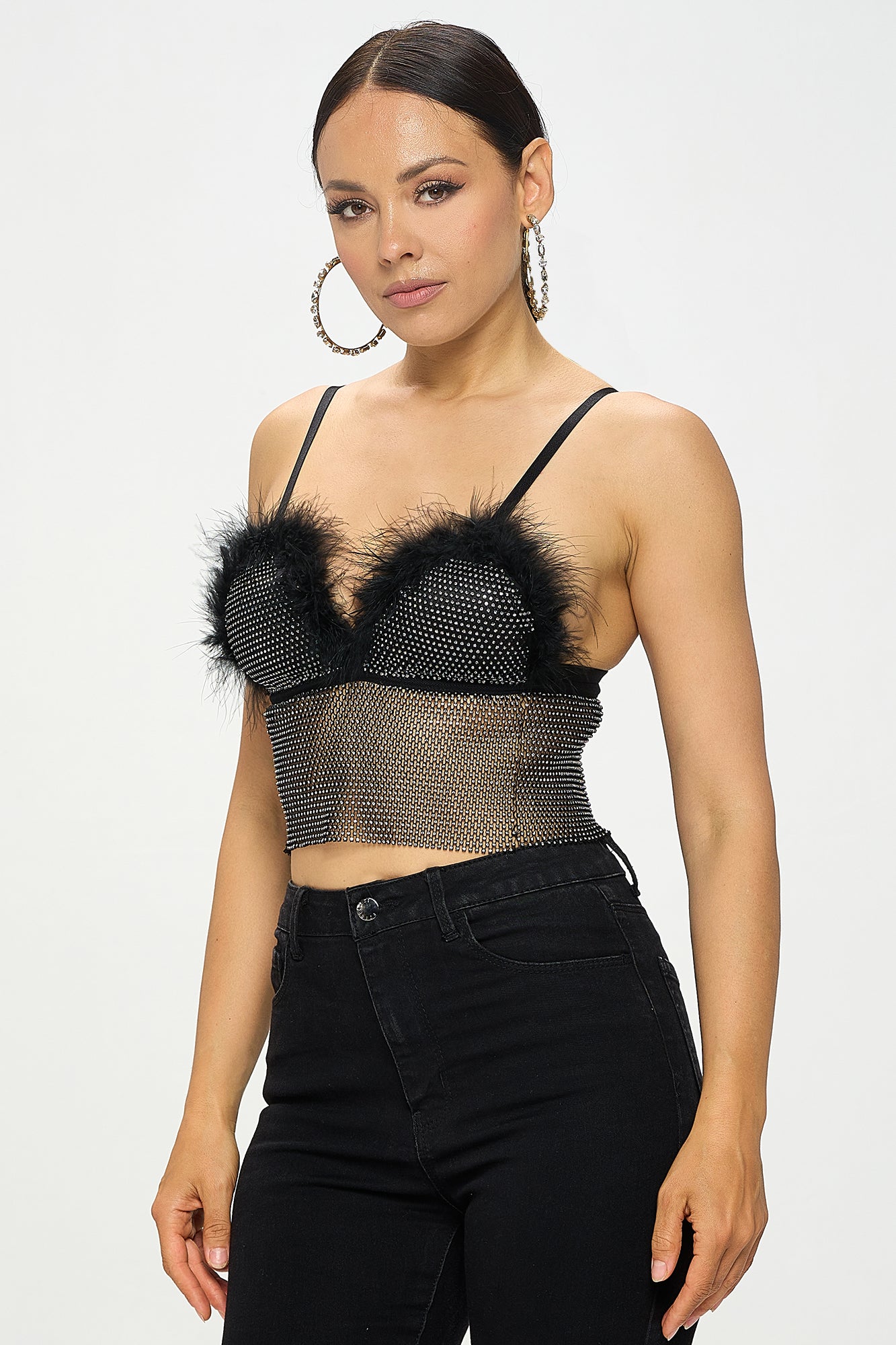 RHINESTONE CHAINMAIL FEATHER TRIM CROP TOP