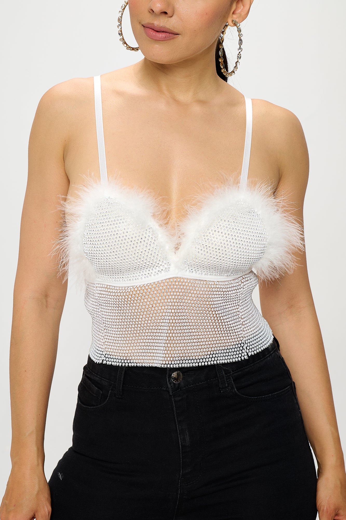 RHINESTONE CHAINMAIL FEATHER TRIM CROP TOP