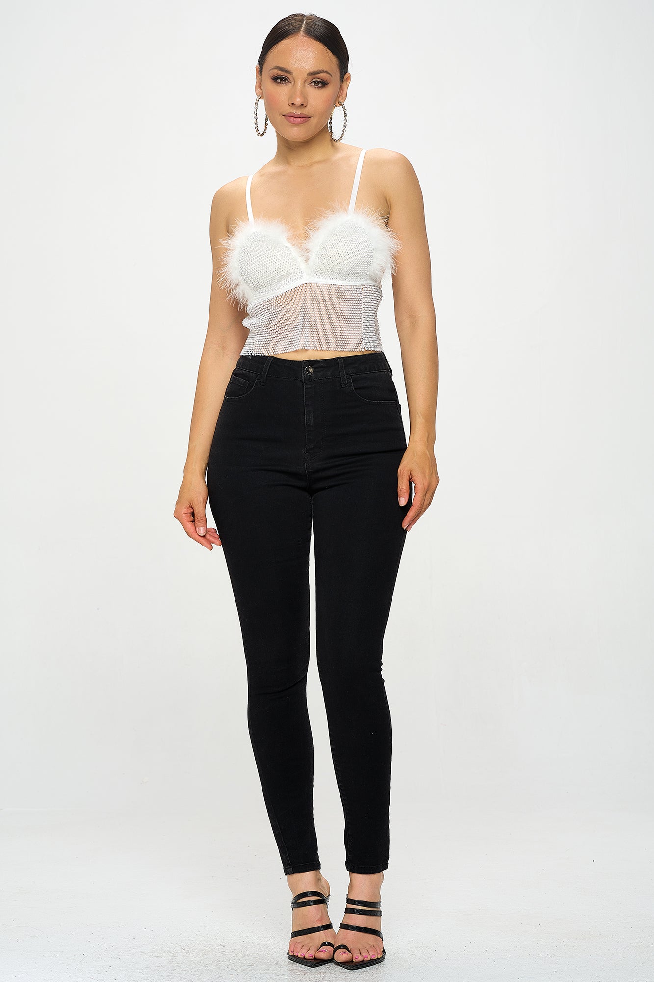 RHINESTONE CHAINMAIL FEATHER TRIM CROP TOP