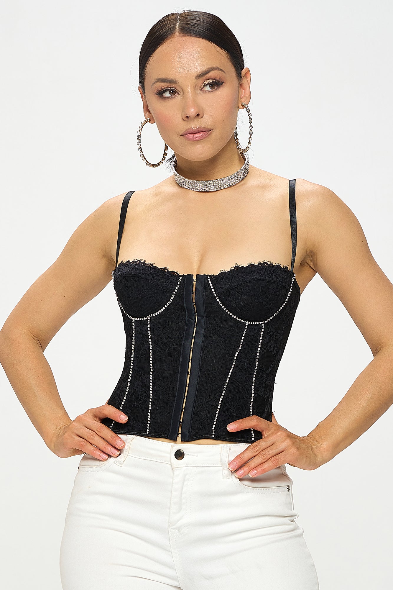 RHINESTONE EMBELLISHED LACE CORSET TOP