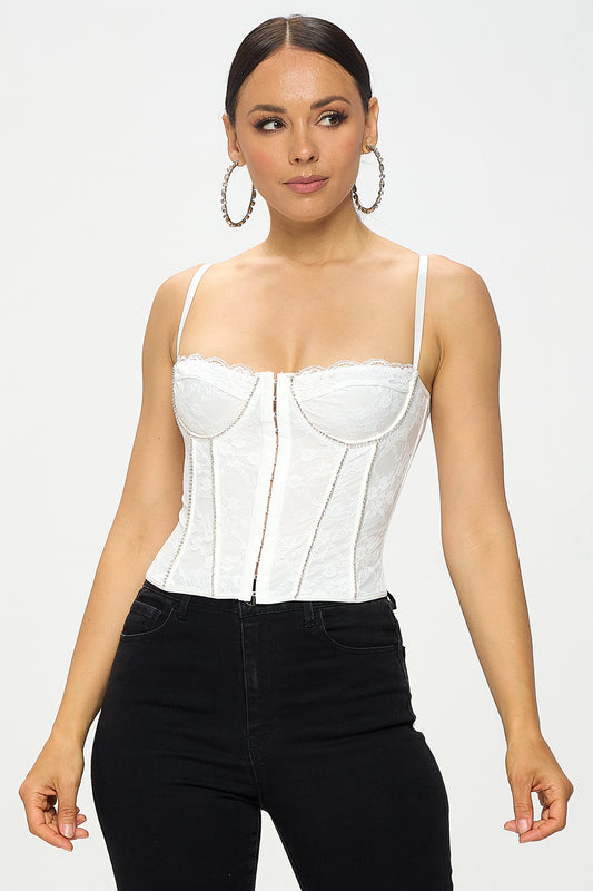 RHINESTONE EMBELLISHED LACE CORSET TOP