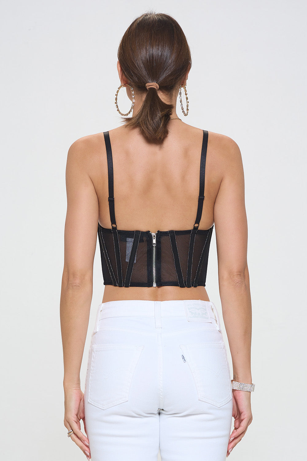 SOLID CONTRAST MESH GLITTER DETAIL BUSTIER CROP TOP