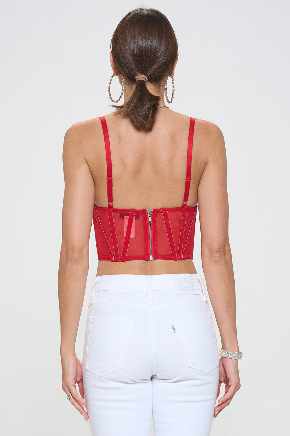 SOLID CONTRAST MESH GLITTER DETAIL BUSTIER CROP TOP