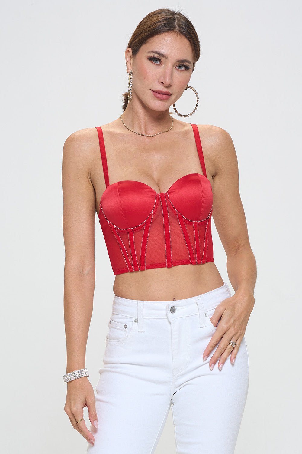 SOLID CONTRAST MESH GLITTER DETAIL BUSTIER TOP